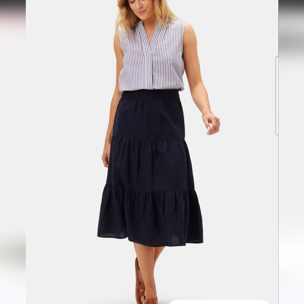 Amour Vert Silas cotton linen midi, A-line skirt Navy Medium NWT